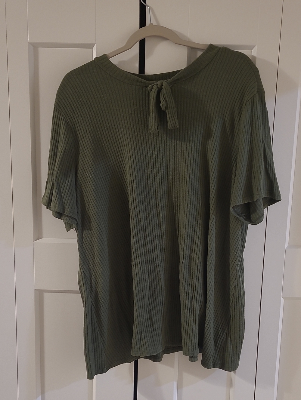 Modcloth Olive Ribbed Short-Sleeve Top with Neckline Tie